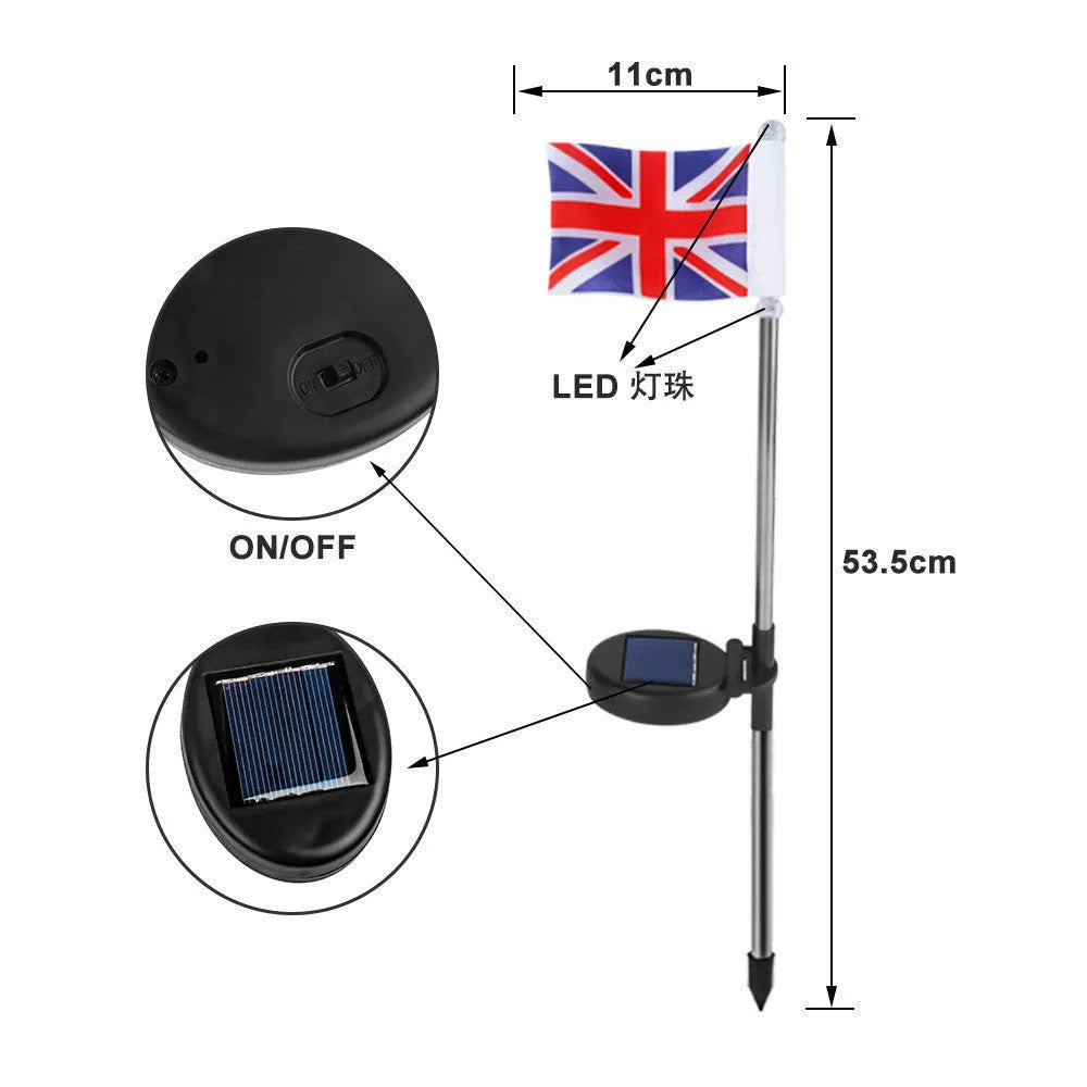 Solar-powered garden flag light with stainless steel pole displaying American or British flag design