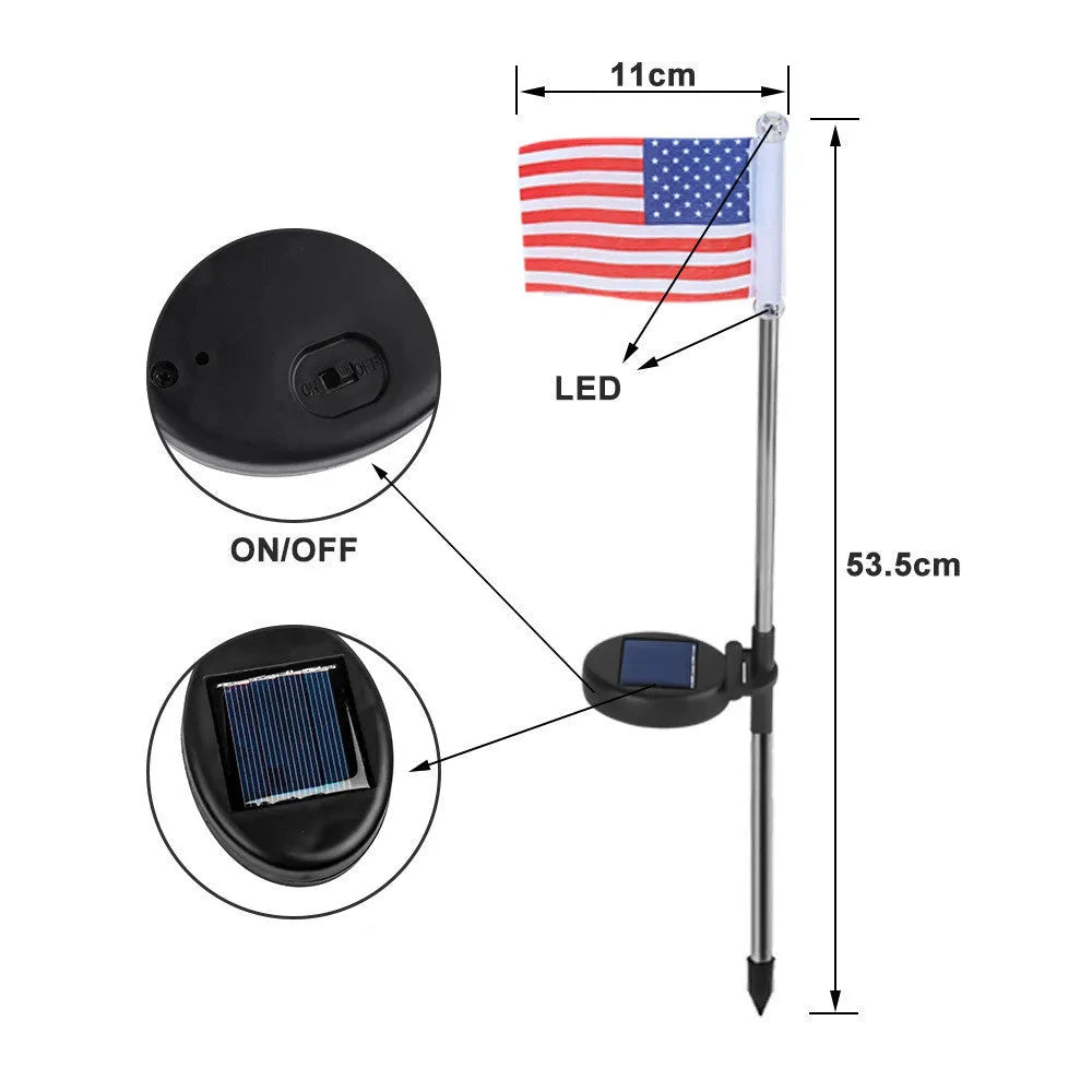 Solar-powered garden flag light with stainless steel pole displaying American or British flag design