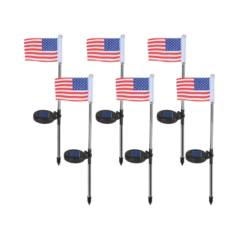 Solar-powered garden flag light with stainless steel pole displaying American or British flag design
