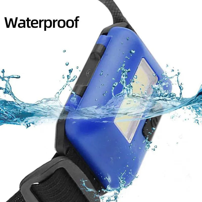 Compact black outdoor LED headlight with adjustable polyester strap on a grey background.