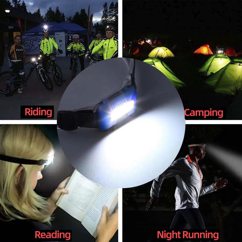 Compact black outdoor LED headlight with adjustable polyester strap on a grey background.