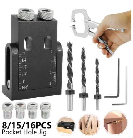 Black aluminium woodworking perforation locator tool with angled sleeves for dowel hole alignment