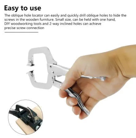 Black aluminium woodworking perforation locator tool with angled sleeves for dowel hole alignment