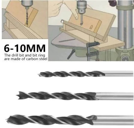 Black aluminium woodworking perforation locator tool with angled sleeves for dowel hole alignment