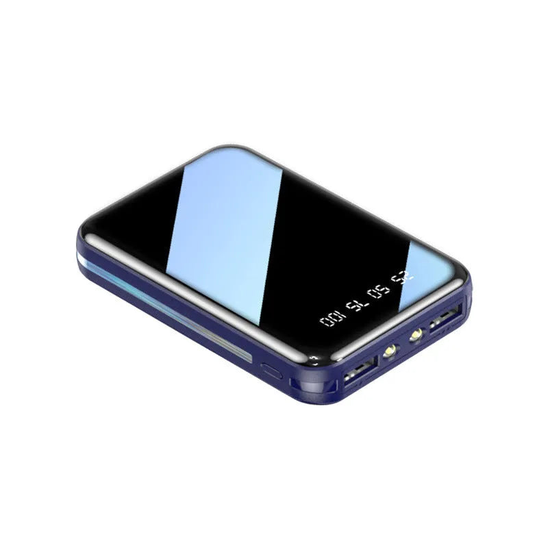 Compact digital display power bank showing battery percentage with dual USB ports in multiple colour options
