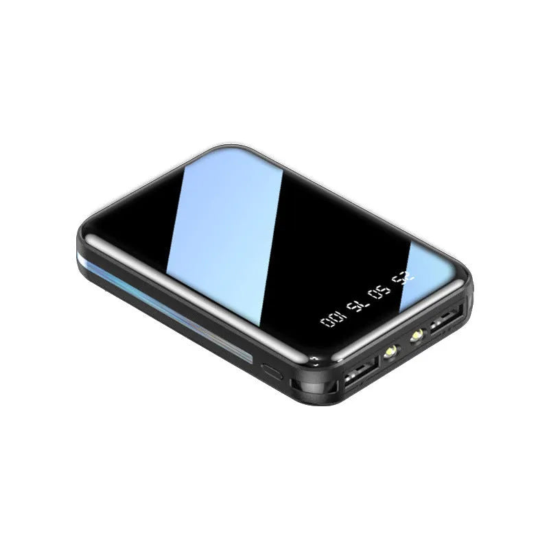 Compact digital display power bank showing battery percentage with dual USB ports in multiple colour options