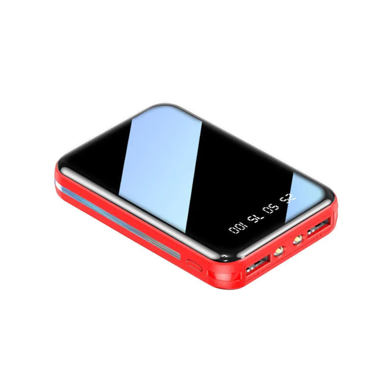 Compact digital display power bank showing battery percentage with dual USB ports in multiple colour options