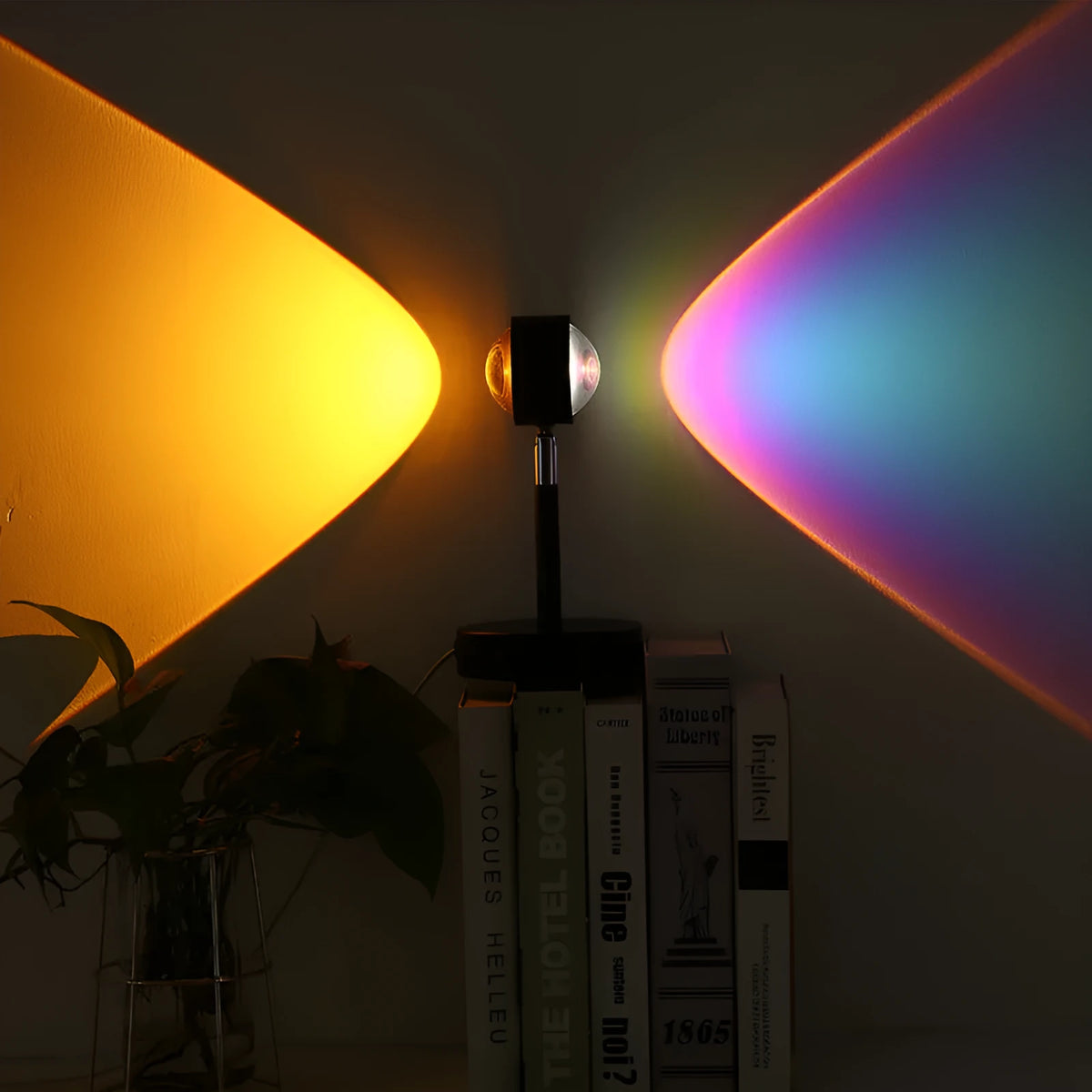 Black USB dual-head sunset rainbow projection lamp showing orange and pink colour projection