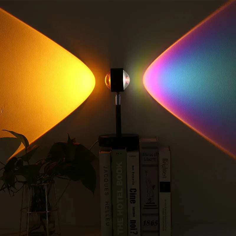 Black USB dual-head sunset rainbow projection lamp showing orange and pink colour projection