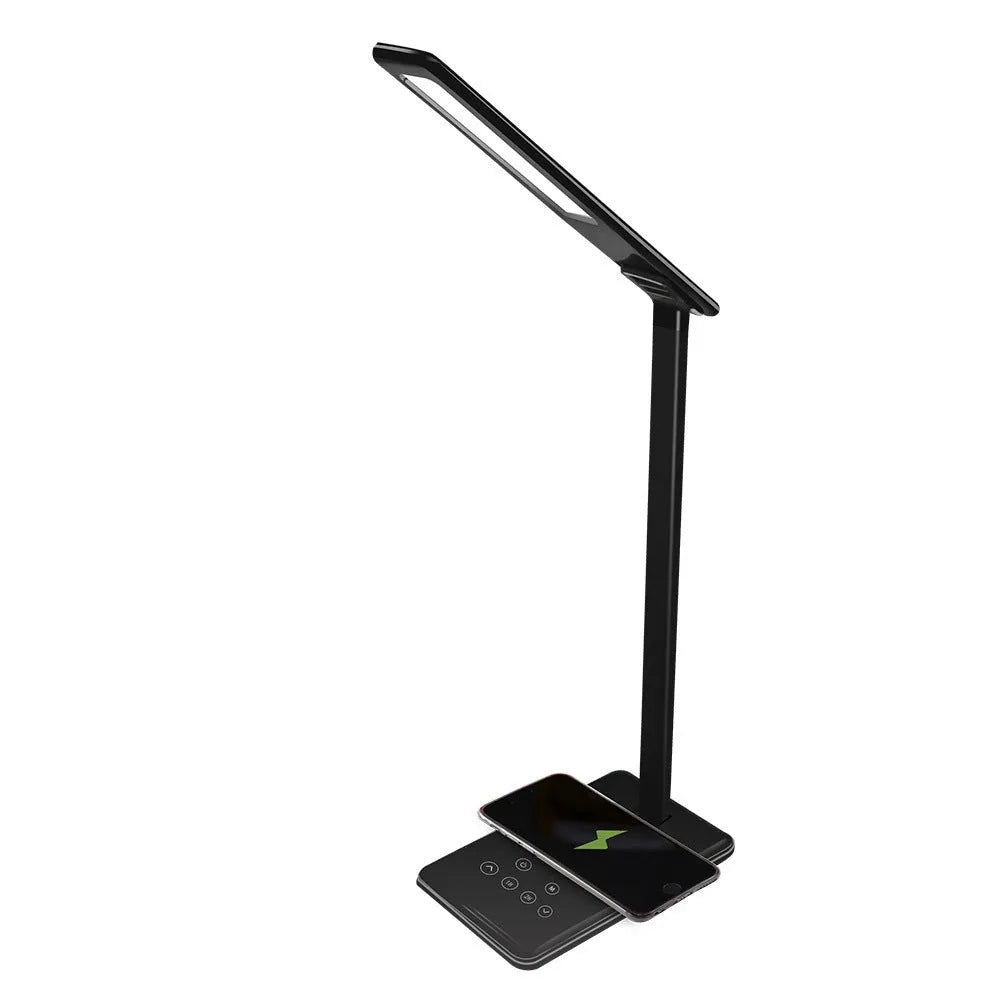 Black and white wireless charging desk lamp with touch controls and USB power connection
