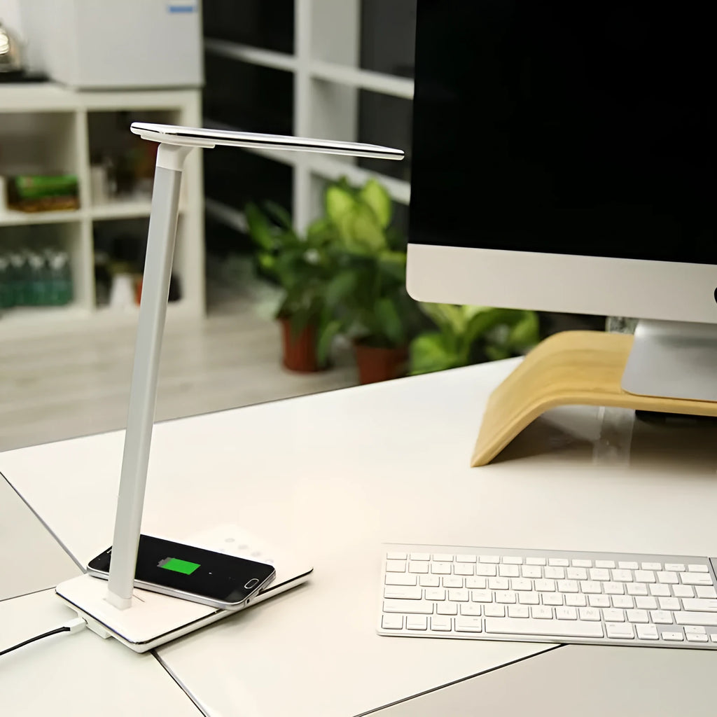 Black and white wireless charging desk lamp with touch controls and USB power connection