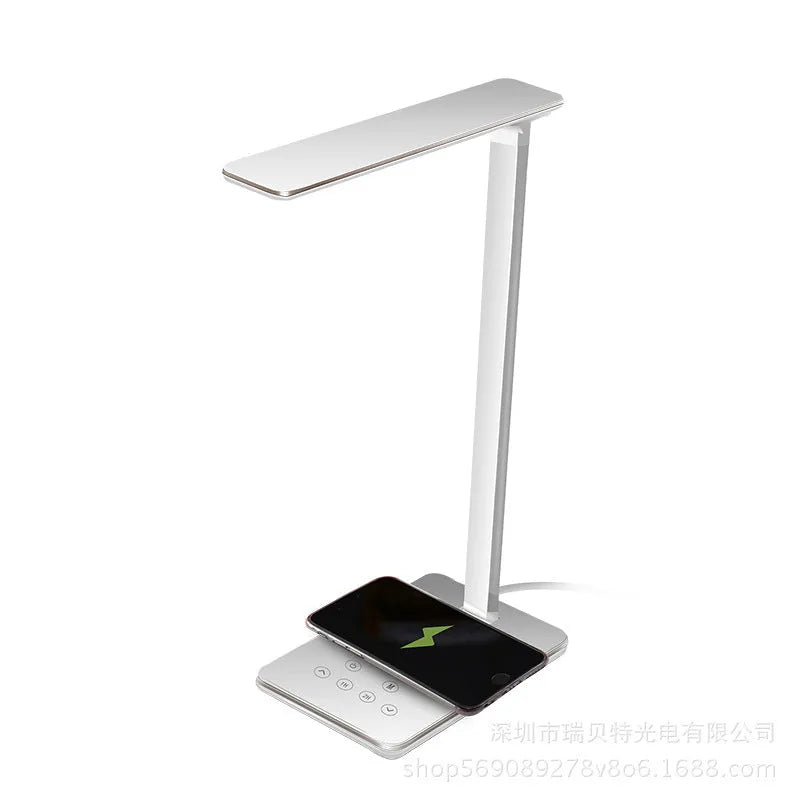 Black and white wireless charging desk lamp with touch controls and USB power connection