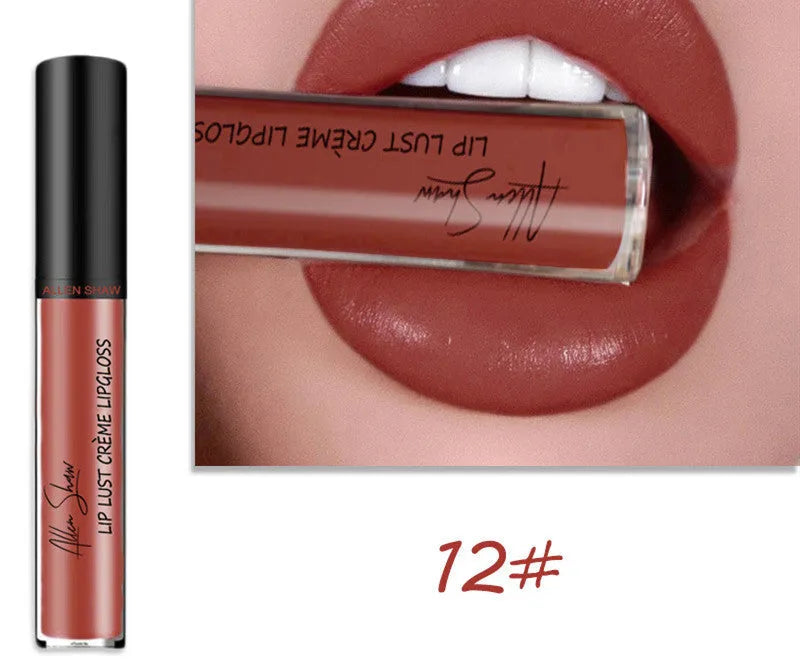 Silky cream texture lip gloss tube in various colour options including a 12-piece set.