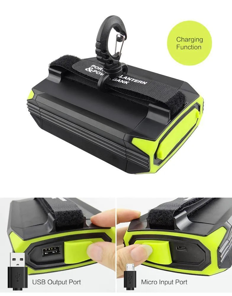 Green aluminium alloy rechargeable camping light with LED bulbs and push button controls