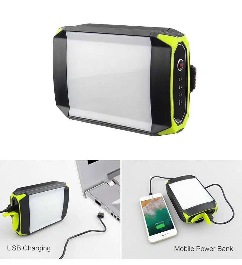 Green aluminium alloy rechargeable camping light with LED bulbs and push button controls