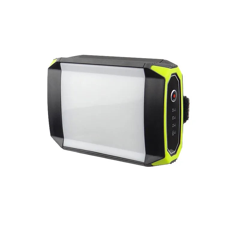 Green aluminium alloy rechargeable camping light with LED bulbs and push button controls