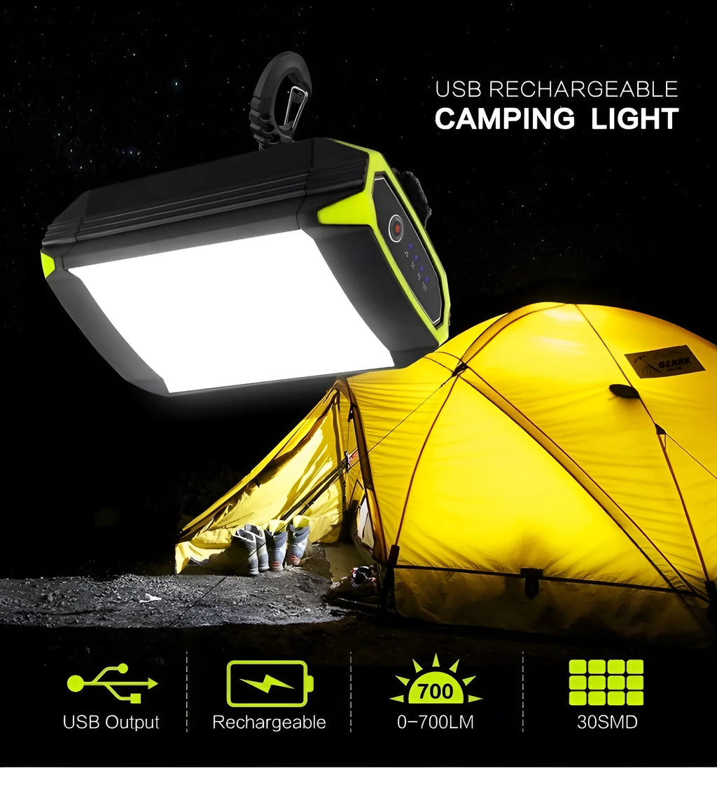 Green aluminium alloy rechargeable camping light with LED bulbs and push button controls