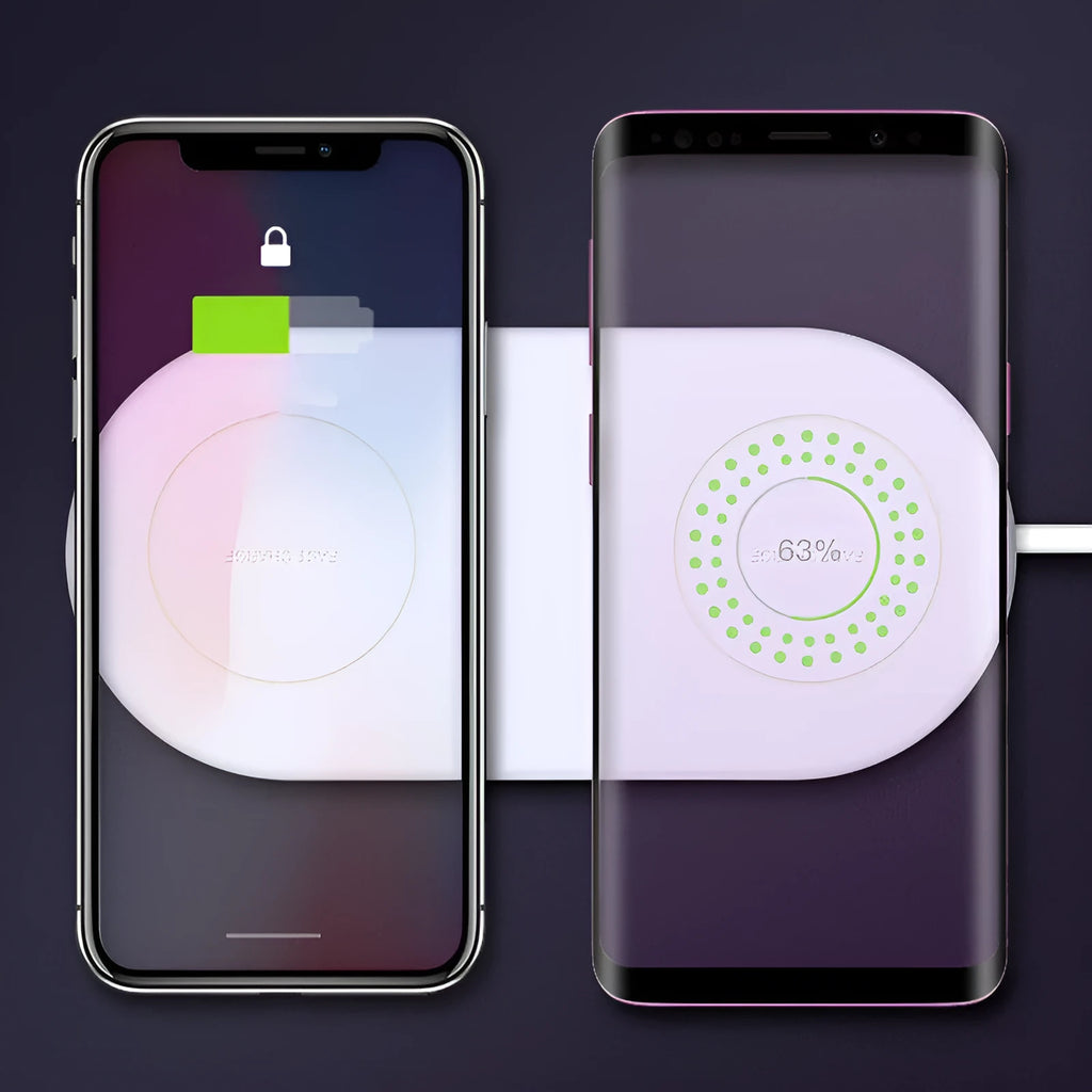 A simple white dual wireless charging pad for two mobile phones.