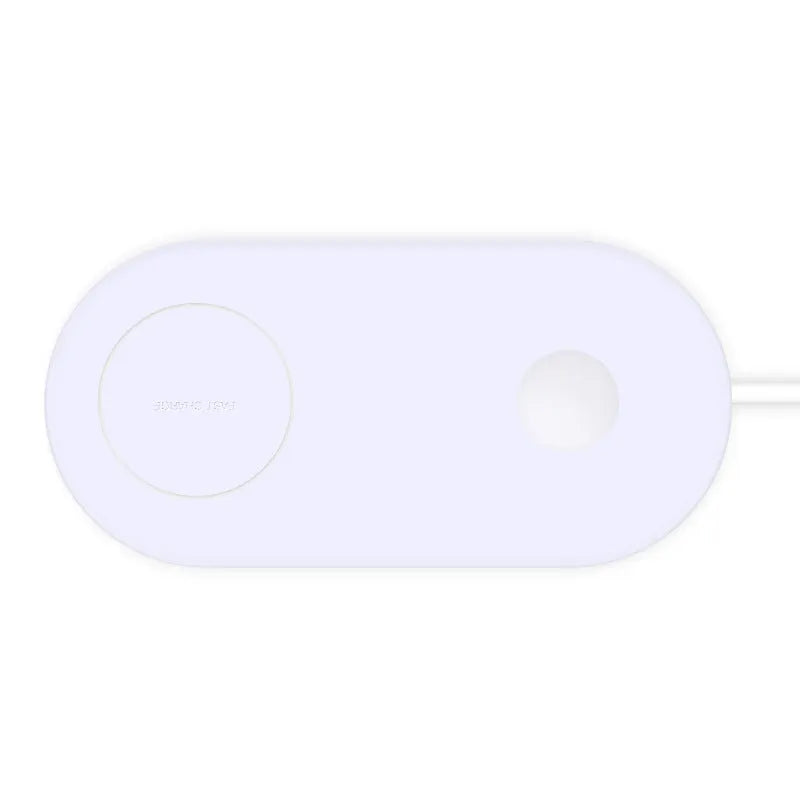 A simple white dual wireless charging pad for two mobile phones.