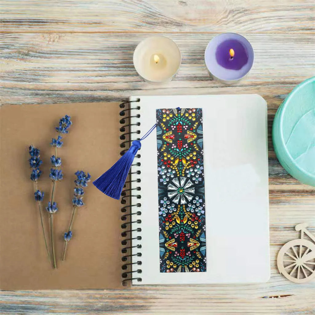 Mandala flower diamond embroidery on leather bookmark with special-shaped round diamonds