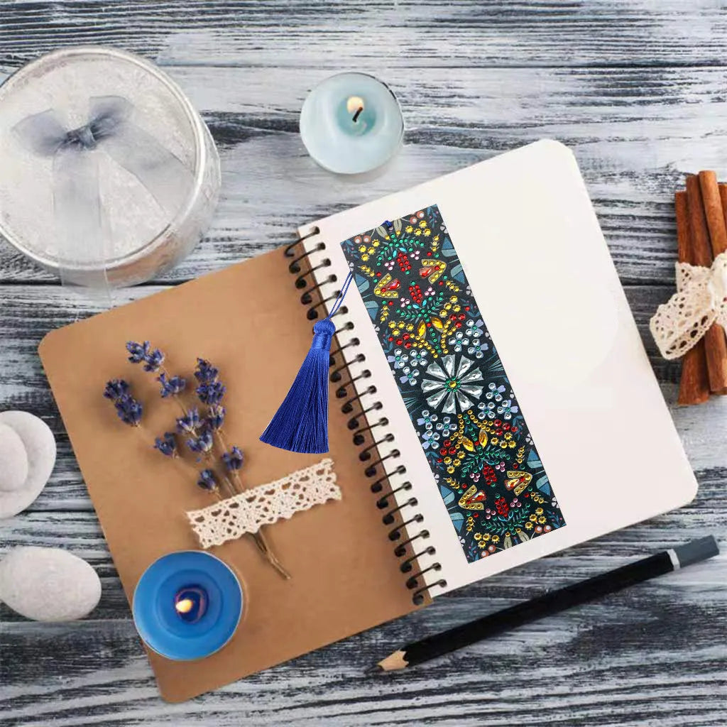 Mandala flower diamond embroidery on leather bookmark with special-shaped round diamonds
