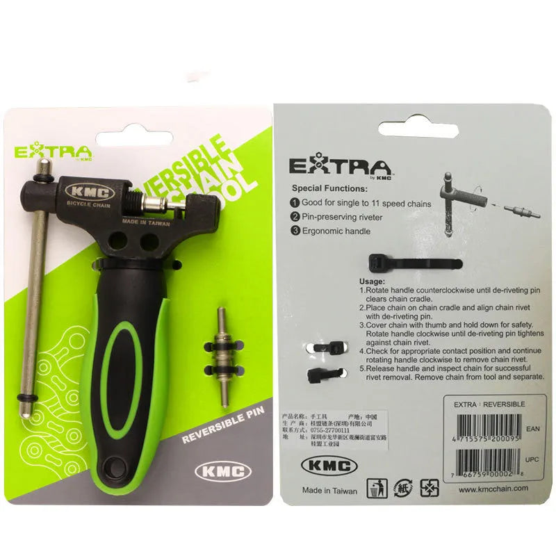 Green steel bicycle chain tool with integrated chain breaker and driver for Type 0 chains.