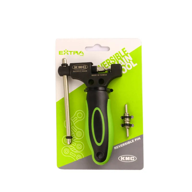 Green steel bicycle chain tool with integrated chain breaker and driver for Type 0 chains.