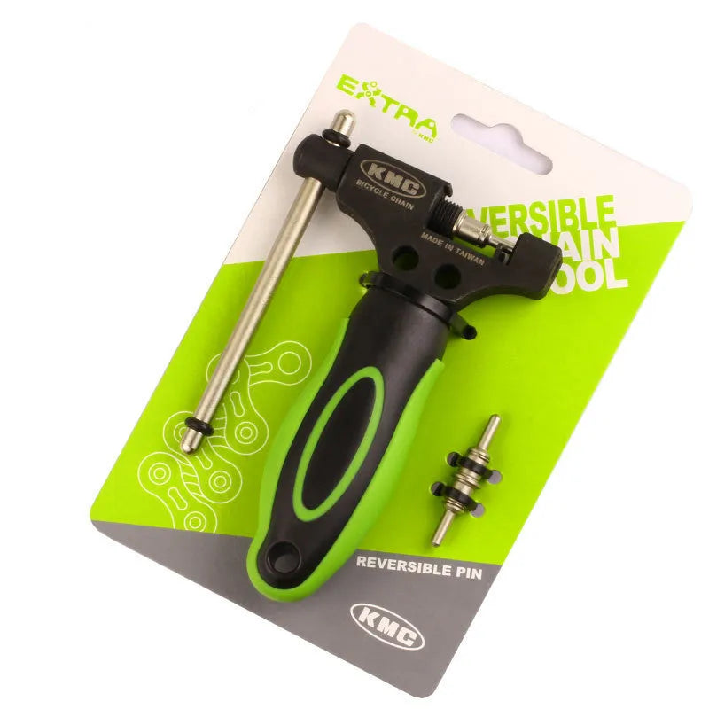 Green steel bicycle chain tool with integrated chain breaker and driver for Type 0 chains.