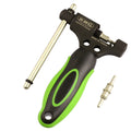 Green steel bicycle chain tool with integrated chain breaker and driver for Type 0 chains.