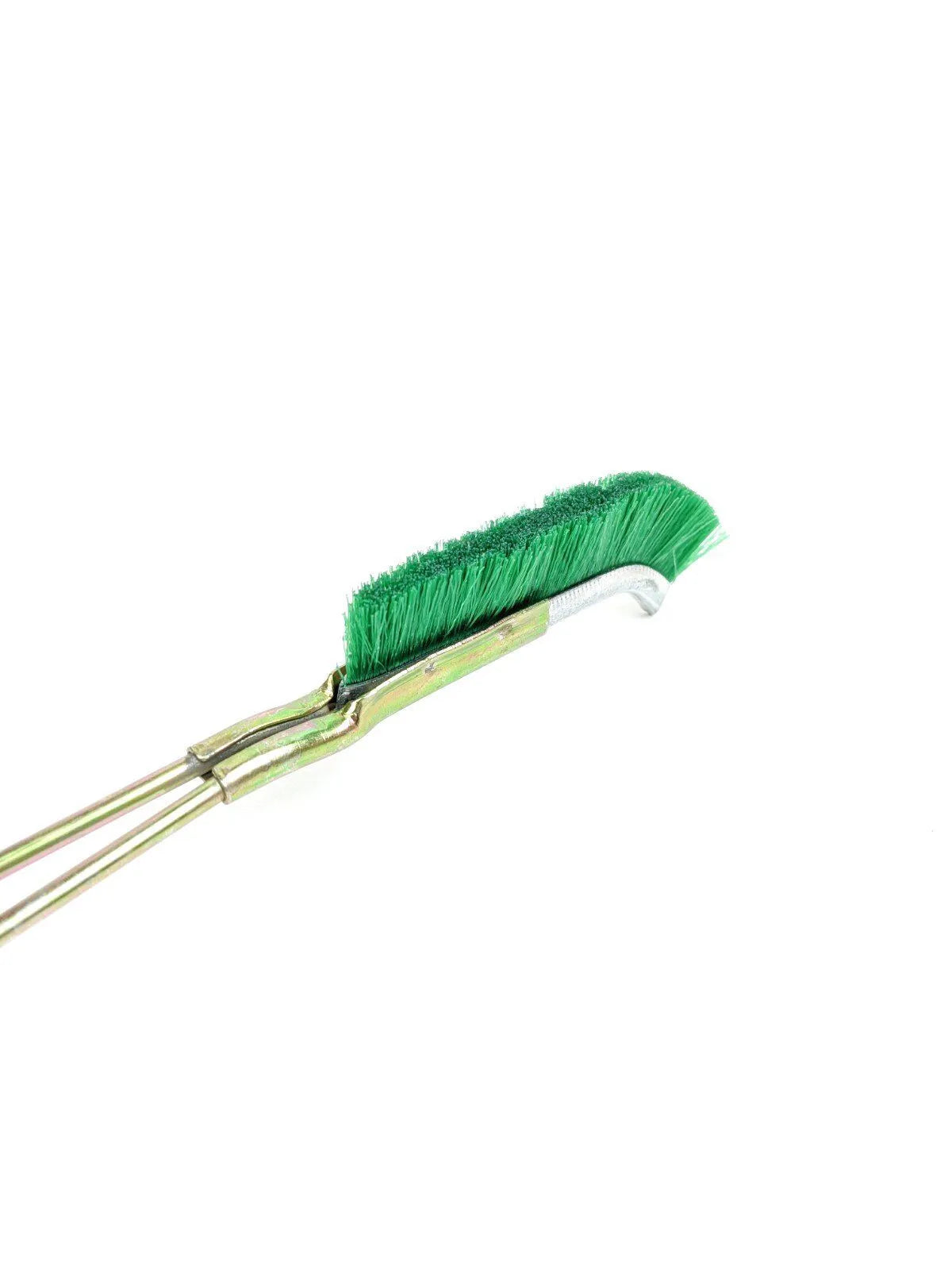 Green elbow-shaped nylon wire brush with a metal handle for rust and grease removal.