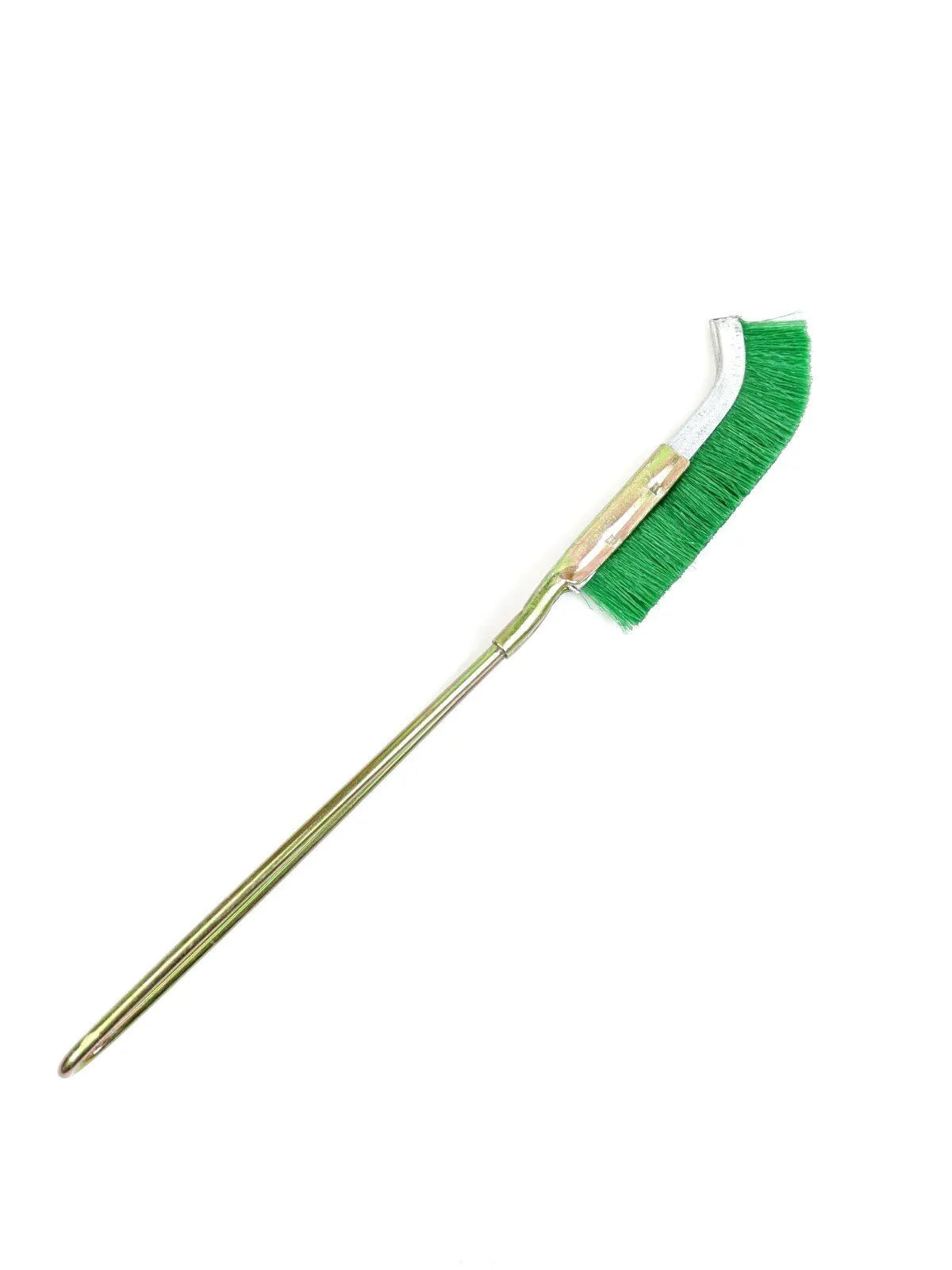 Green elbow-shaped nylon wire brush with a metal handle for rust and grease removal.