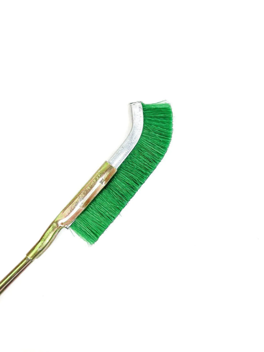 Green elbow-shaped nylon wire brush with a metal handle for rust and grease removal.