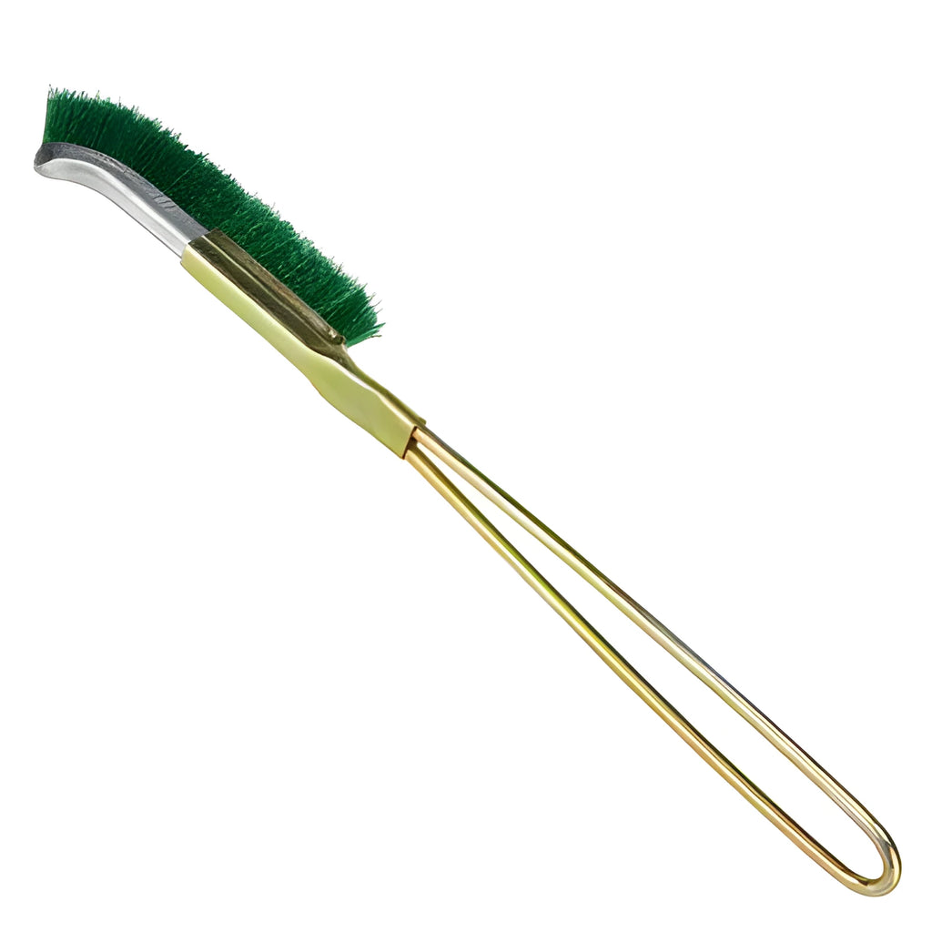 Green elbow-shaped nylon wire brush with a metal handle for rust and grease removal.