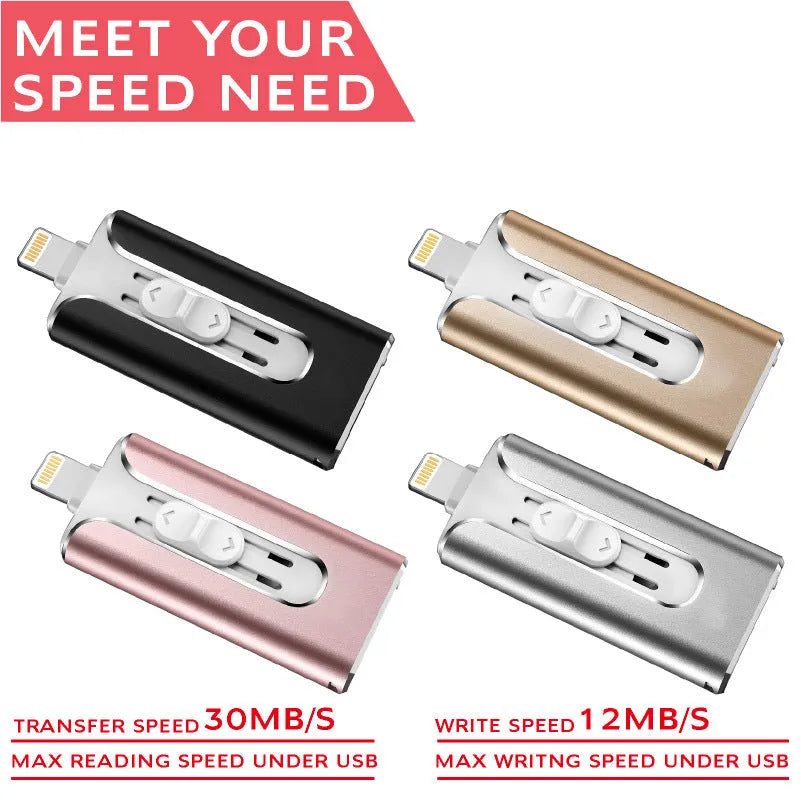 Three-in-one metal USB flash drive with Lightning and USB-C ports for iPhone and Android compatibility