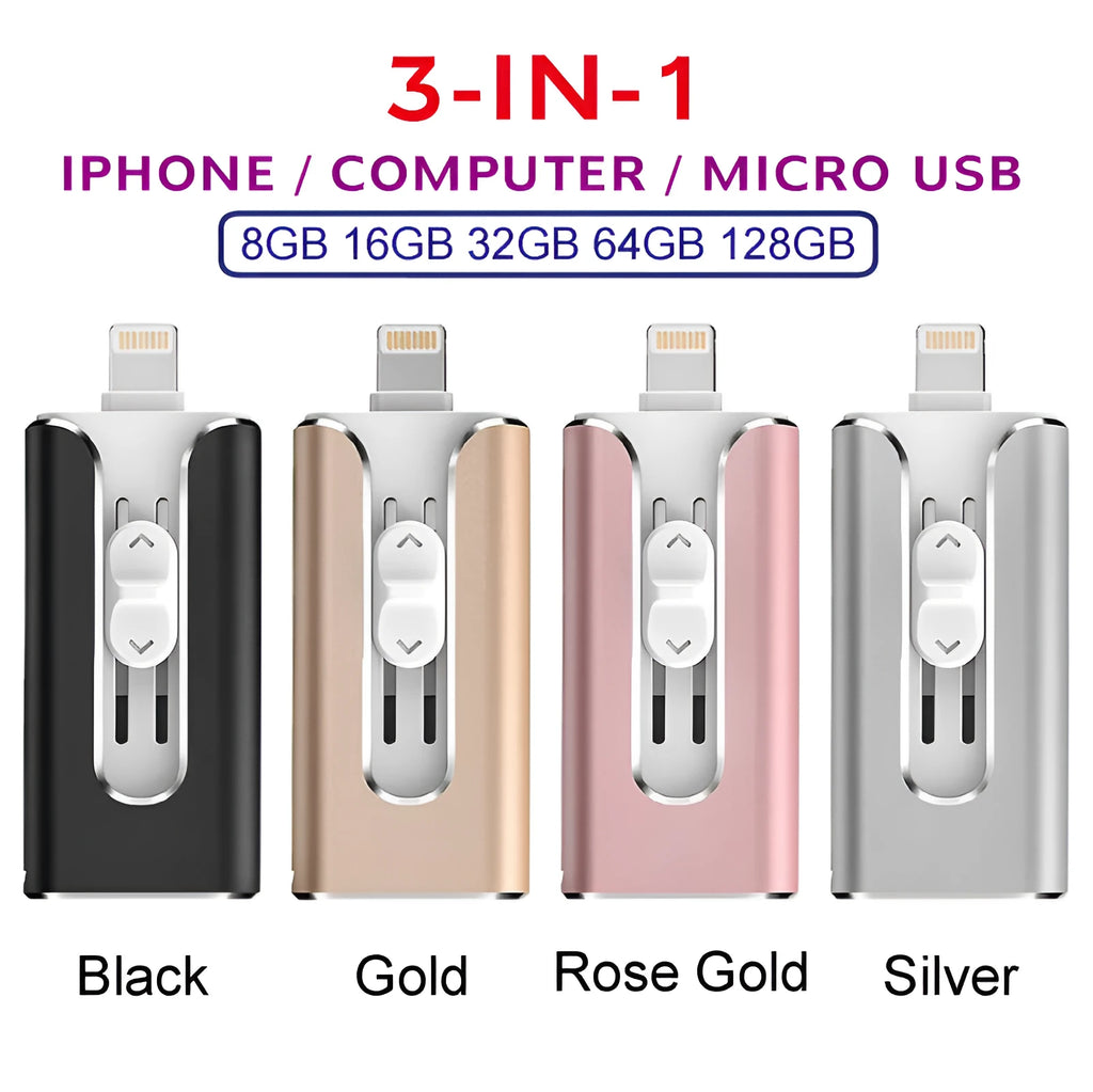 Three-in-one metal USB flash drive with Lightning and USB-C ports for iPhone and Android compatibility