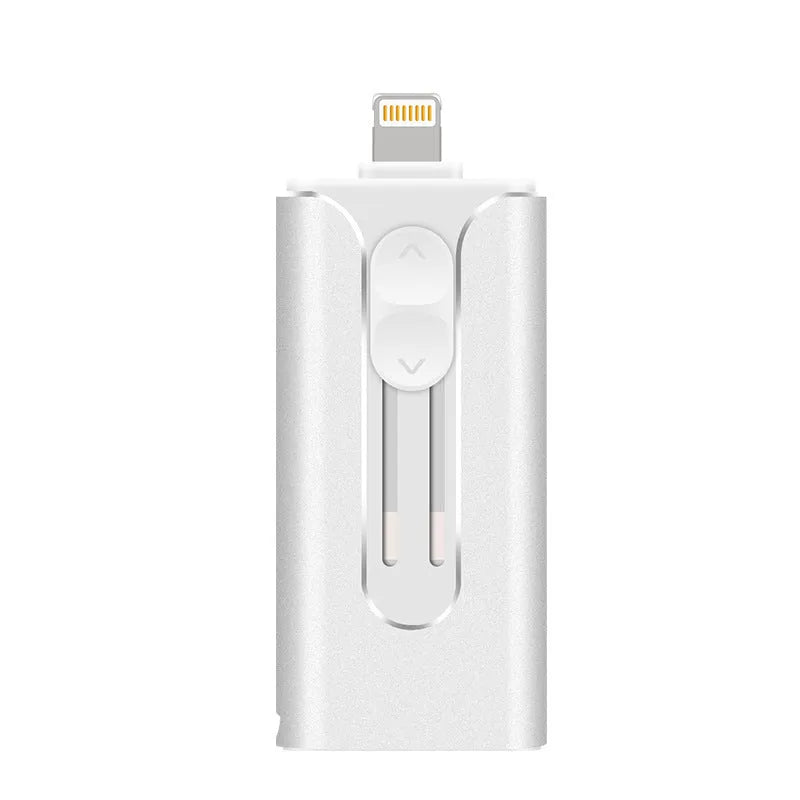 Three-in-one metal USB flash drive with Lightning and USB-C ports for iPhone and Android compatibility
