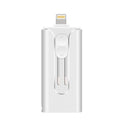 Three-in-one metal USB flash drive with Lightning and USB-C ports for iPhone and Android compatibility