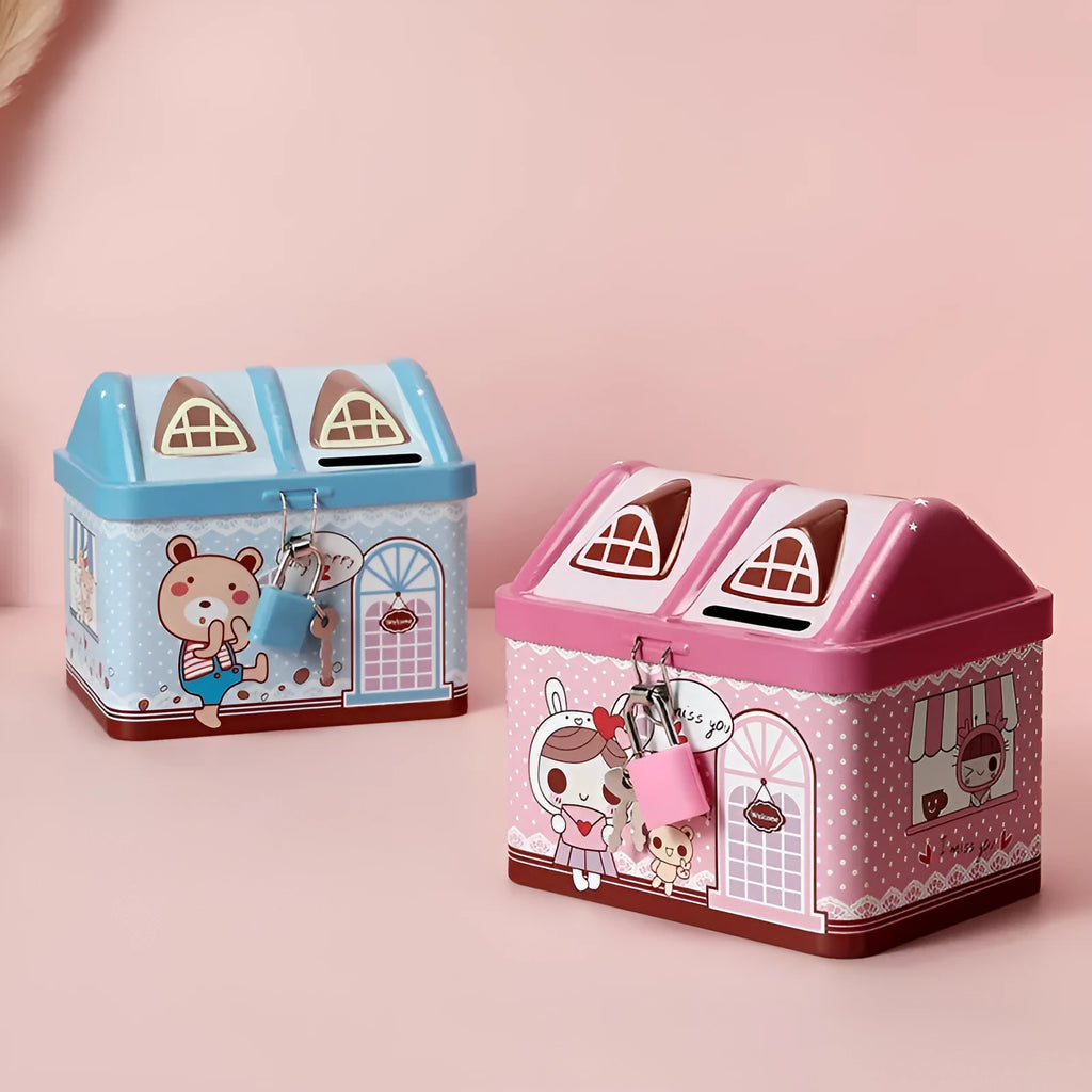 Blue house shaped tinplate piggy bank for coin storage on desktop