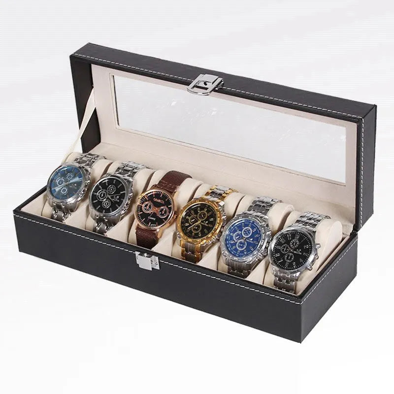 Black wooden watch display box with clear window showing six watch slots, dimensions 30cm by 11cm by 8cm.