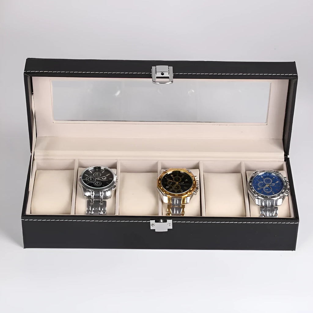 Black wooden watch display box with clear window showing six watch slots, dimensions 30cm by 11cm by 8cm.
