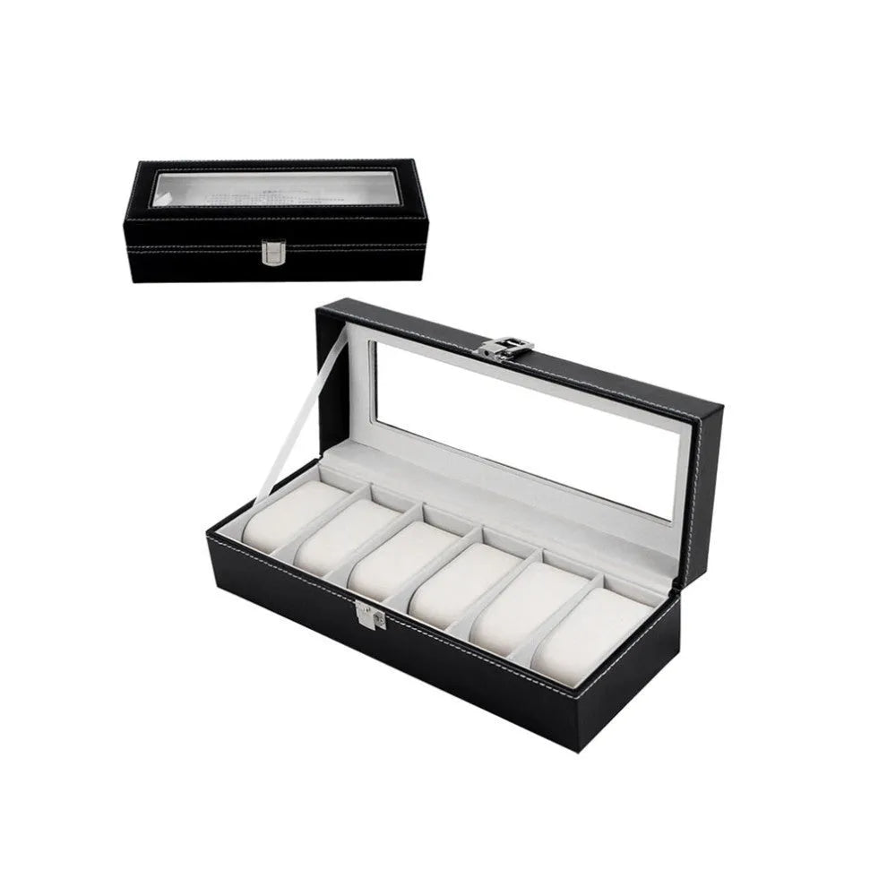 Black wooden watch display box with clear window showing six watch slots, dimensions 30cm by 11cm by 8cm.
