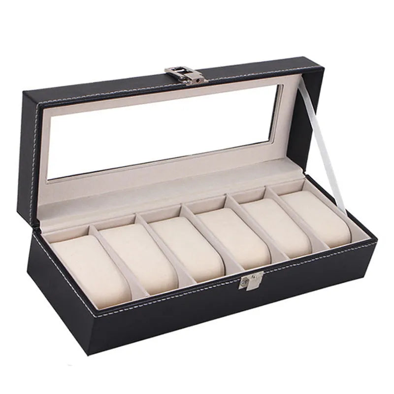 Black wooden watch display box with clear window showing six watch slots, dimensions 30cm by 11cm by 8cm.