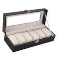 Black wooden watch display box with clear window showing six watch slots, dimensions 30cm by 11cm by 8cm.