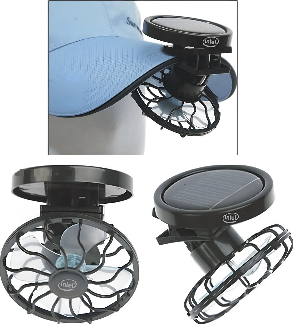 Black portable solar-powered clip-on fan for outdoor cooling during camping and fishing