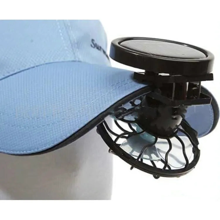 Black portable solar-powered clip-on fan for outdoor cooling during camping and fishing
