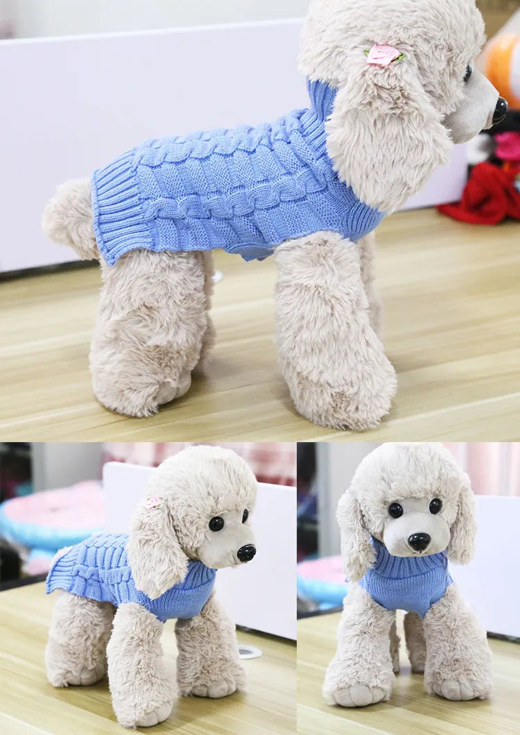 Wool dog sweater with twisted rope design in multiple colour options showing size measurements