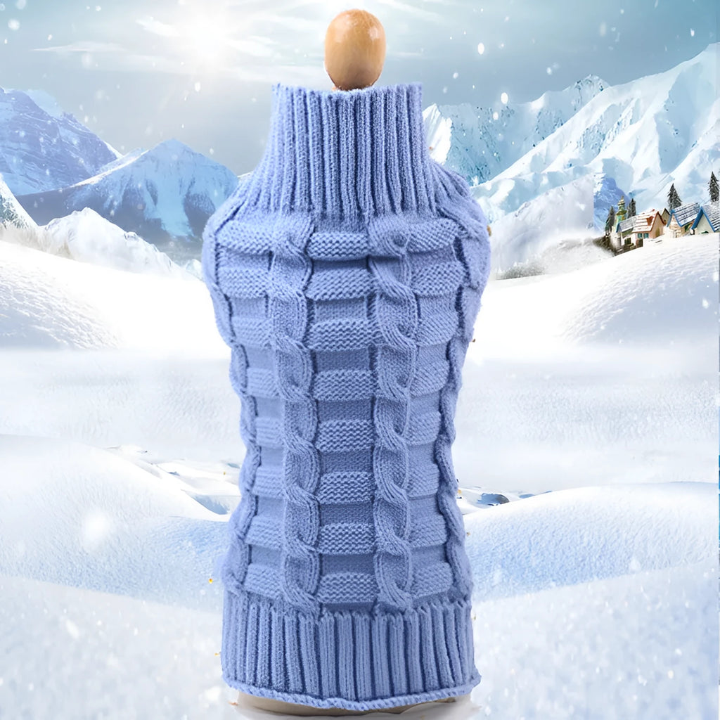 Wool dog sweater with twisted rope design in multiple colour options showing size measurements