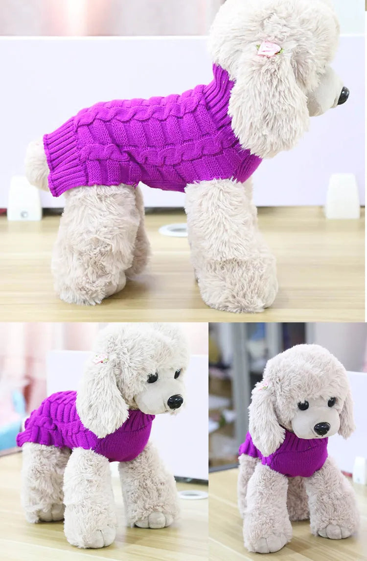 Wool dog sweater with twisted rope design in multiple colour options showing size measurements