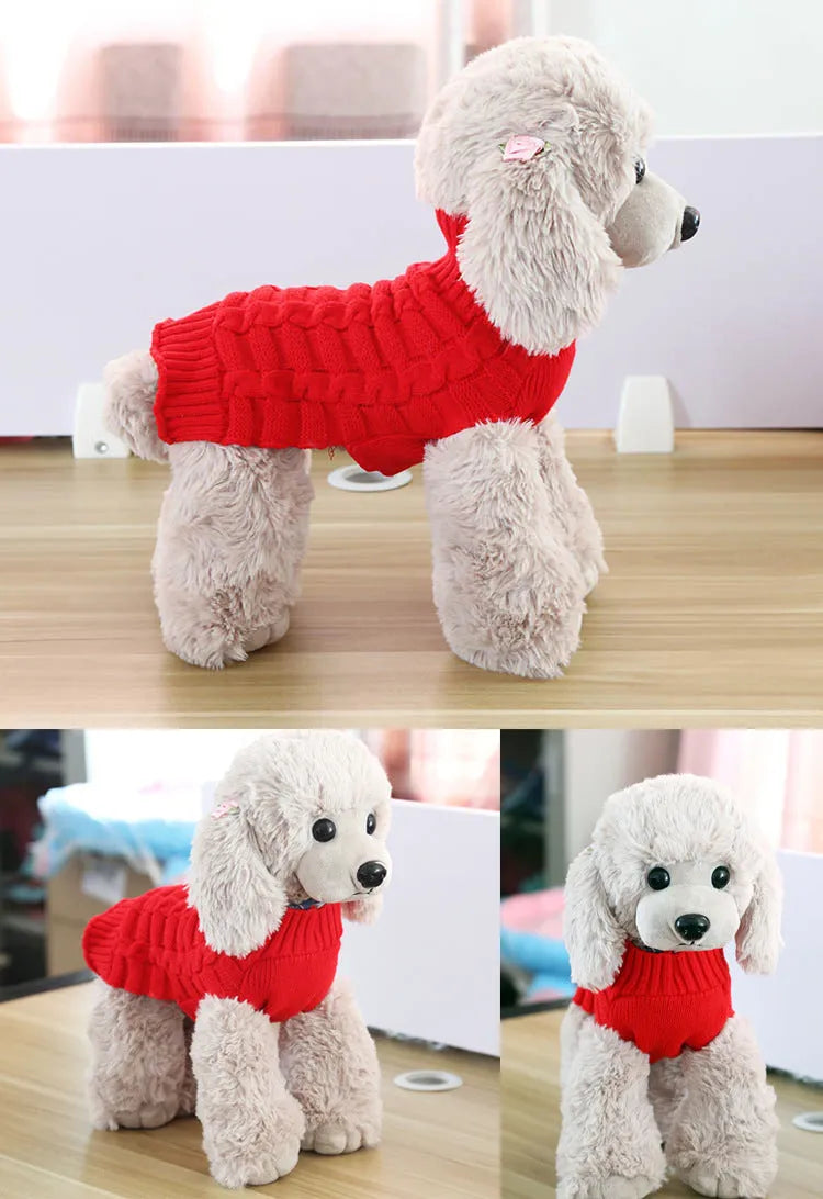 Wool dog sweater with twisted rope design in multiple colour options showing size measurements