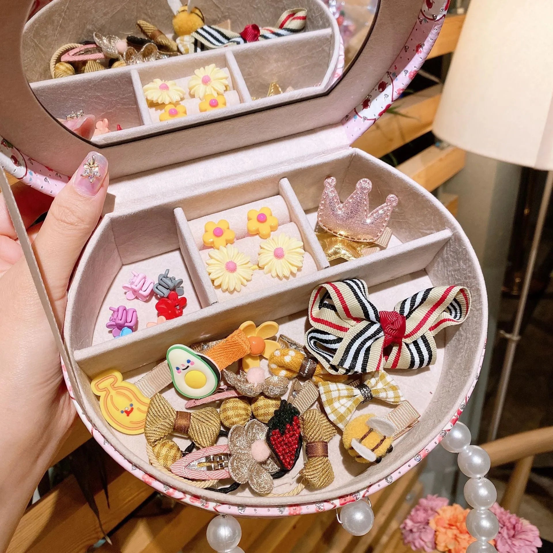 Children cartoon headdress and hair clip set in cloth material with storage gift box in various colors